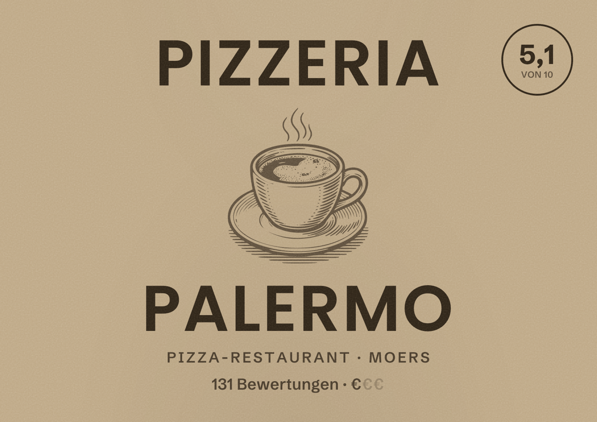 Illustriertes Poster von Pizzeria Palermo, Pizza-Restaurant in Moers: Bewertung 5,1 von 10 aus 131 Bewertungen, Preisniveau €