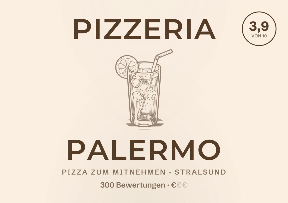 Illustriertes Poster von Pizzeria Palermo, Pizza zum Mitnehmen in Stralsund: Bewertung 3,9 von 10 aus 300 Bewertungen, Preisniveau €