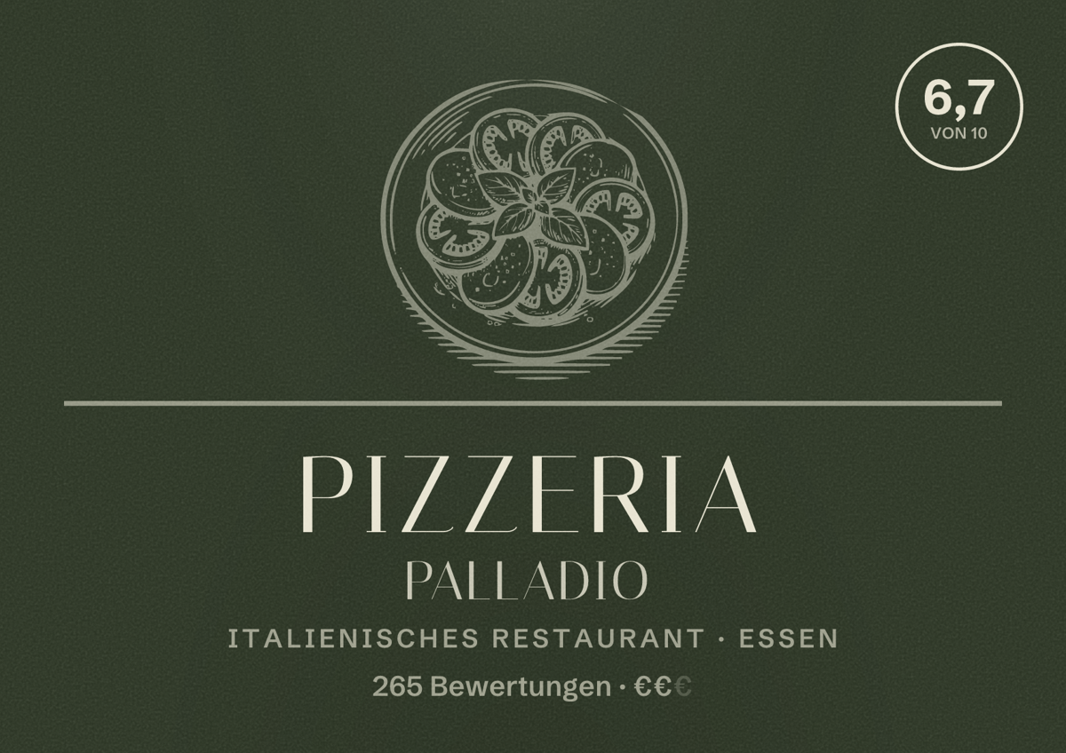 Illustriertes Poster von Pizzeria Palladio, Italienisches Restaurant in Essen: Bewertung 6,7 von 10 aus 265 Bewertungen, Preisniveau €€
