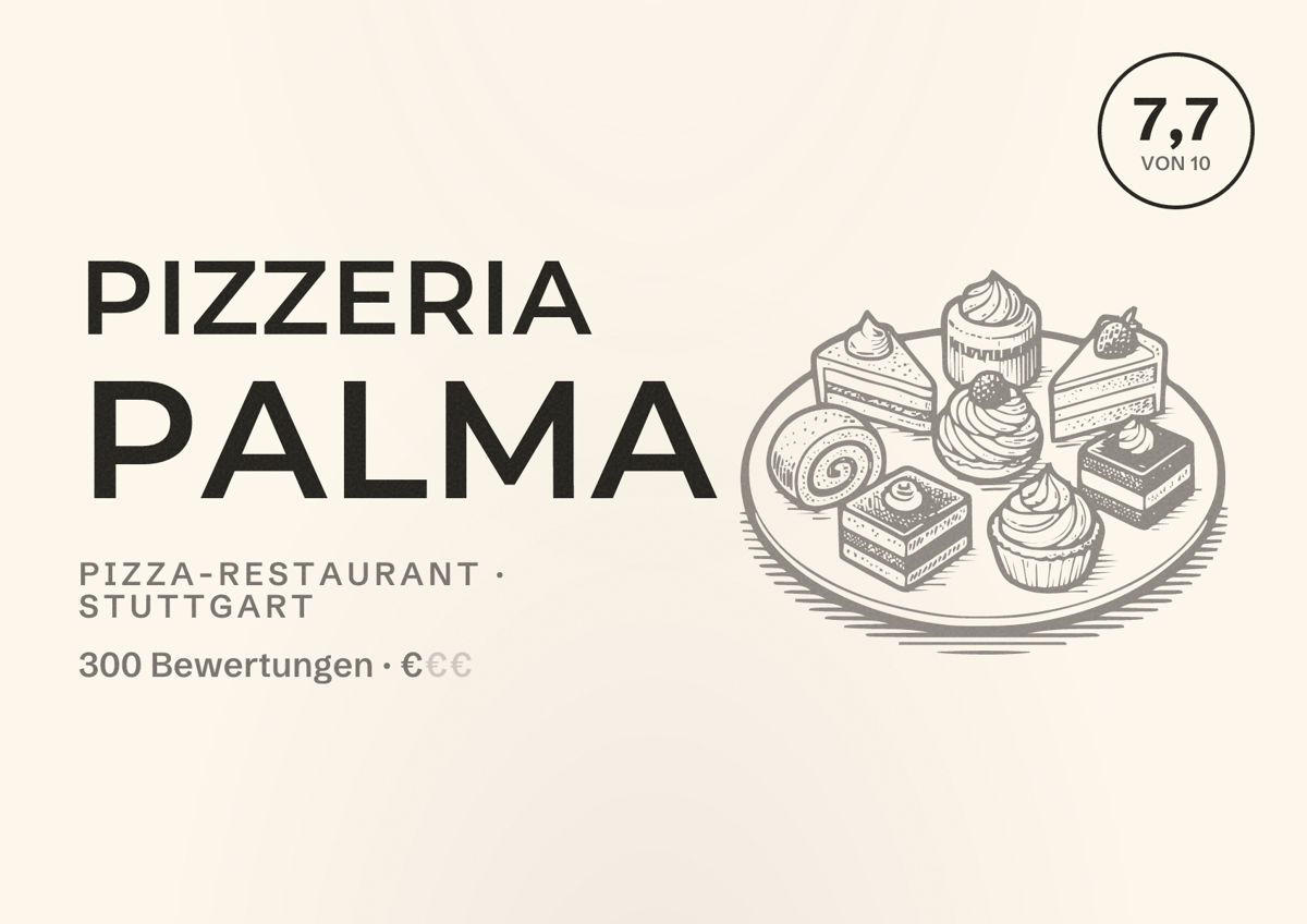 Illustriertes Poster von Pizzeria Palma, Pizza-Restaurant in Stuttgart: Bewertung 7,7 von 10 aus 300 Bewertungen, Preisniveau €