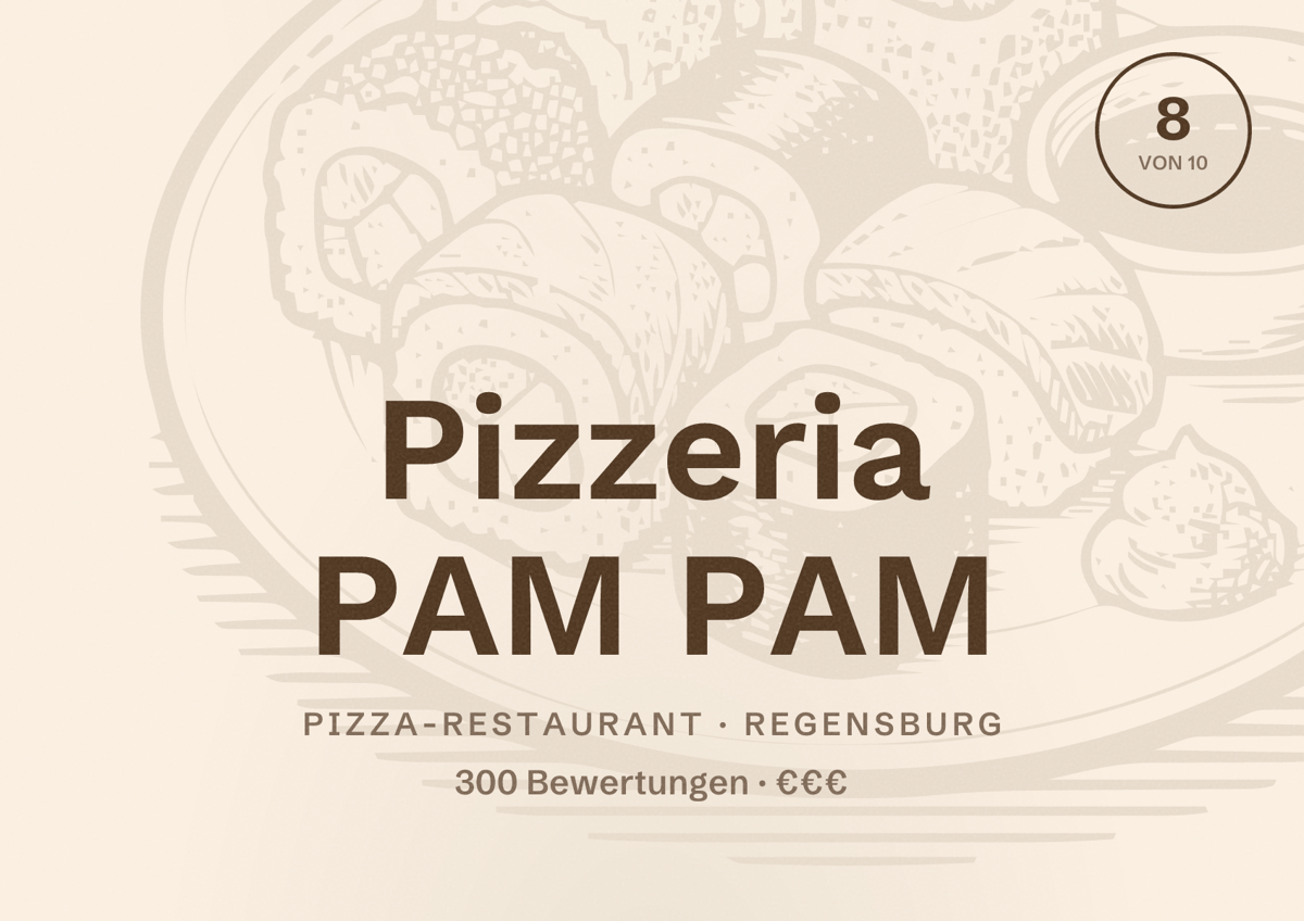 Illustriertes Poster von Pizzeria PAM PAM, Pizza-Restaurant in Regensburg: Bewertung 8 von 10 aus 300 Bewertungen, Preisniveau €€€