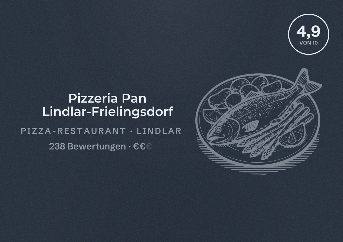 Illustriertes Poster von Pizzeria Pan Lindlar-Frielingsdorf, Pizza-Restaurant in Lindlar: Bewertung 4,9 von 10 aus 238 Bewertungen, Preisniveau €€
