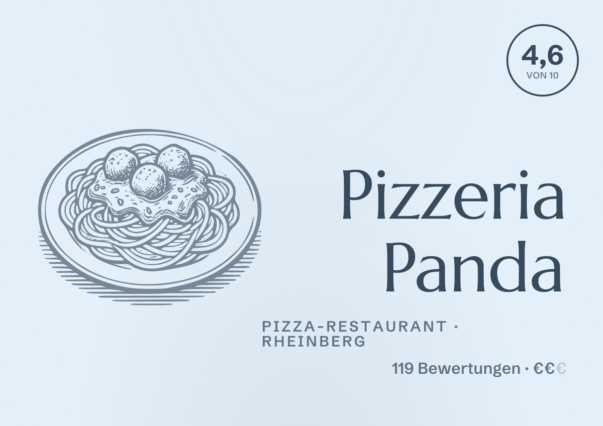 Illustriertes Poster von Pizzeria Panda, Pizza-Restaurant in Rheinberg: Bewertung 4,6 von 10 aus 119 Bewertungen, Preisniveau €€