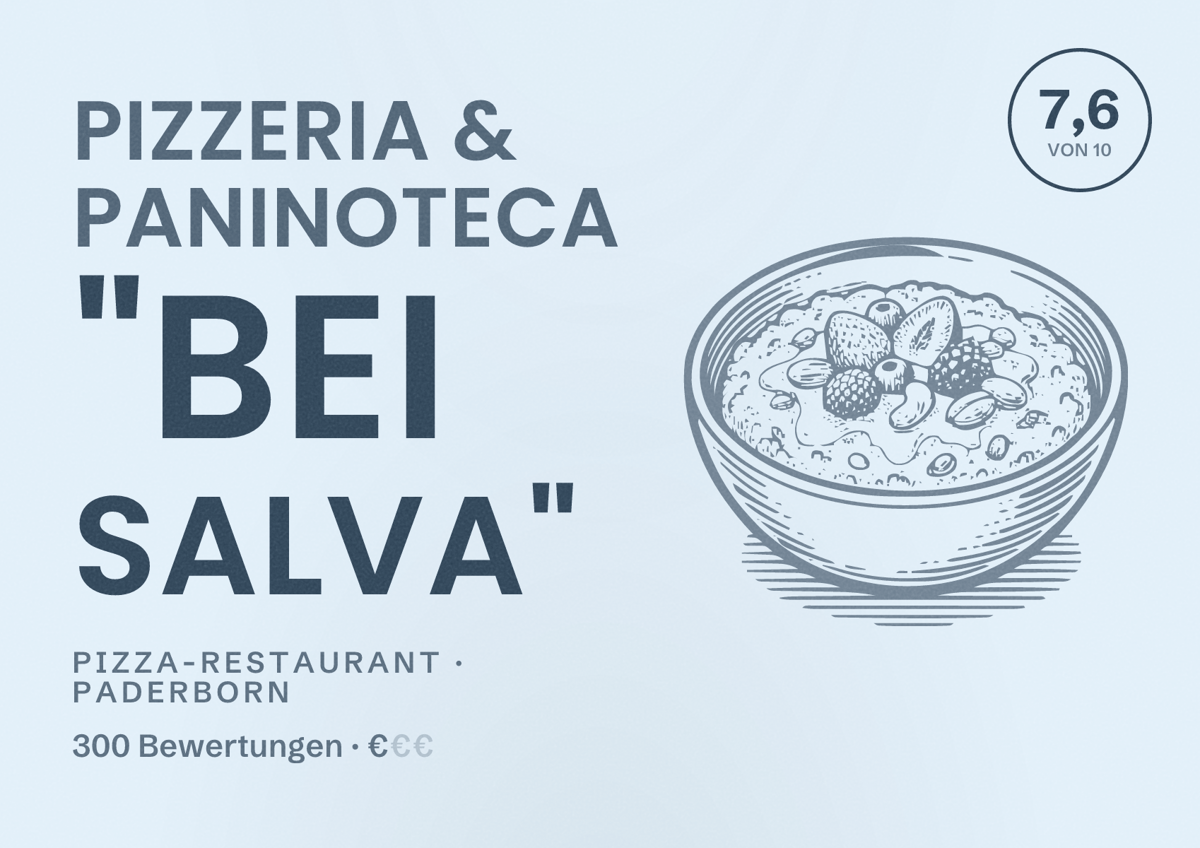 Illustriertes Poster von Pizzeria & Paninoteca "Bei Salva", Pizza-Restaurant in Paderborn: Bewertung 7,6 von 10 aus 300 Bewertungen, Preisniveau €