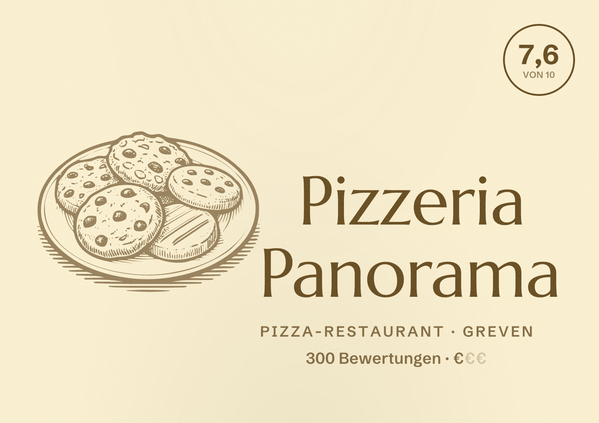 Illustriertes Poster von Pizzeria Panorama, Pizza-Restaurant in Greven: Bewertung 7,6 von 10 aus 300 Bewertungen, Preisniveau €