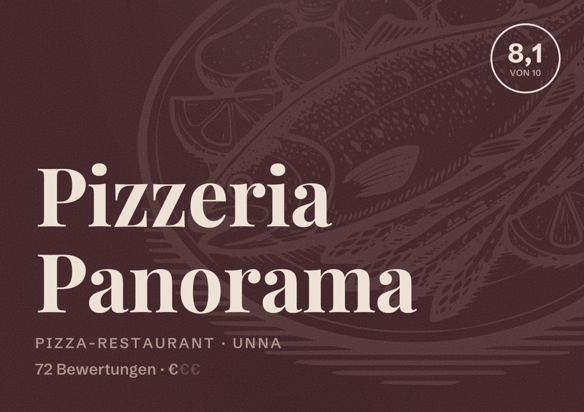 Illustriertes Poster von Pizzeria Panorama, Pizza-Restaurant in Unna: Bewertung 8,1 von 10 aus 72 Bewertungen, Preisniveau €