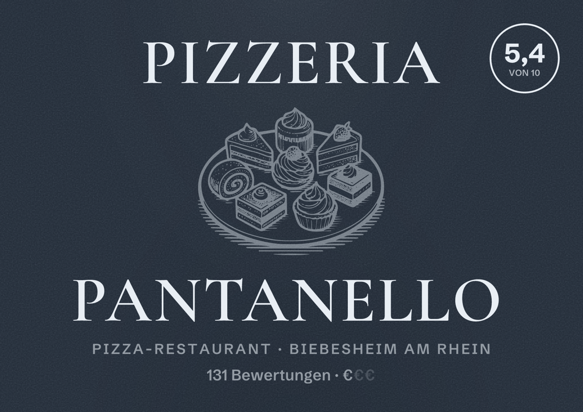 Illustriertes Poster von Pizzeria Pantanello, Pizza-Restaurant in Biebesheim am Rhein: Bewertung 5,4 von 10 aus 131 Bewertungen, Preisniveau €