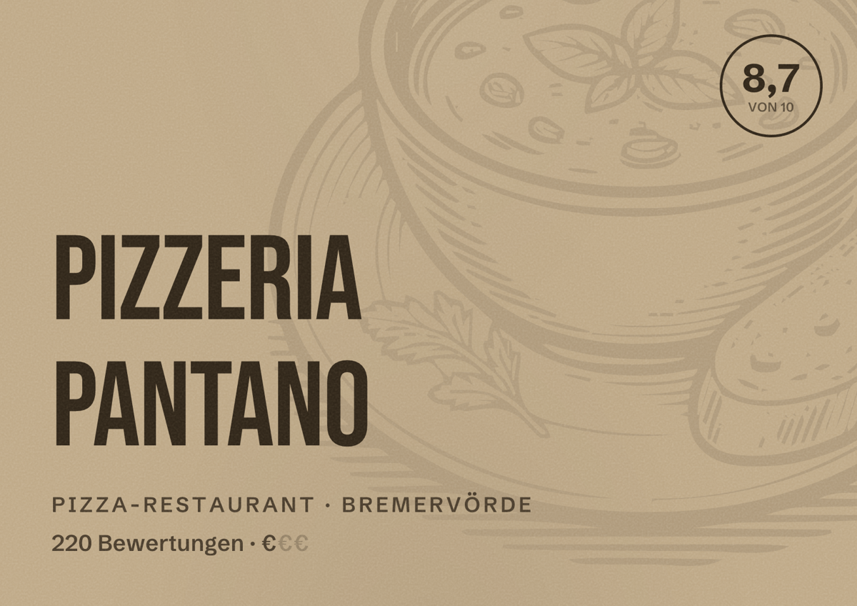 Illustriertes Poster von Pizzeria Pantano, Pizza-Restaurant in Bremervörde: Bewertung 8,7 von 10 aus 220 Bewertungen, Preisniveau €
