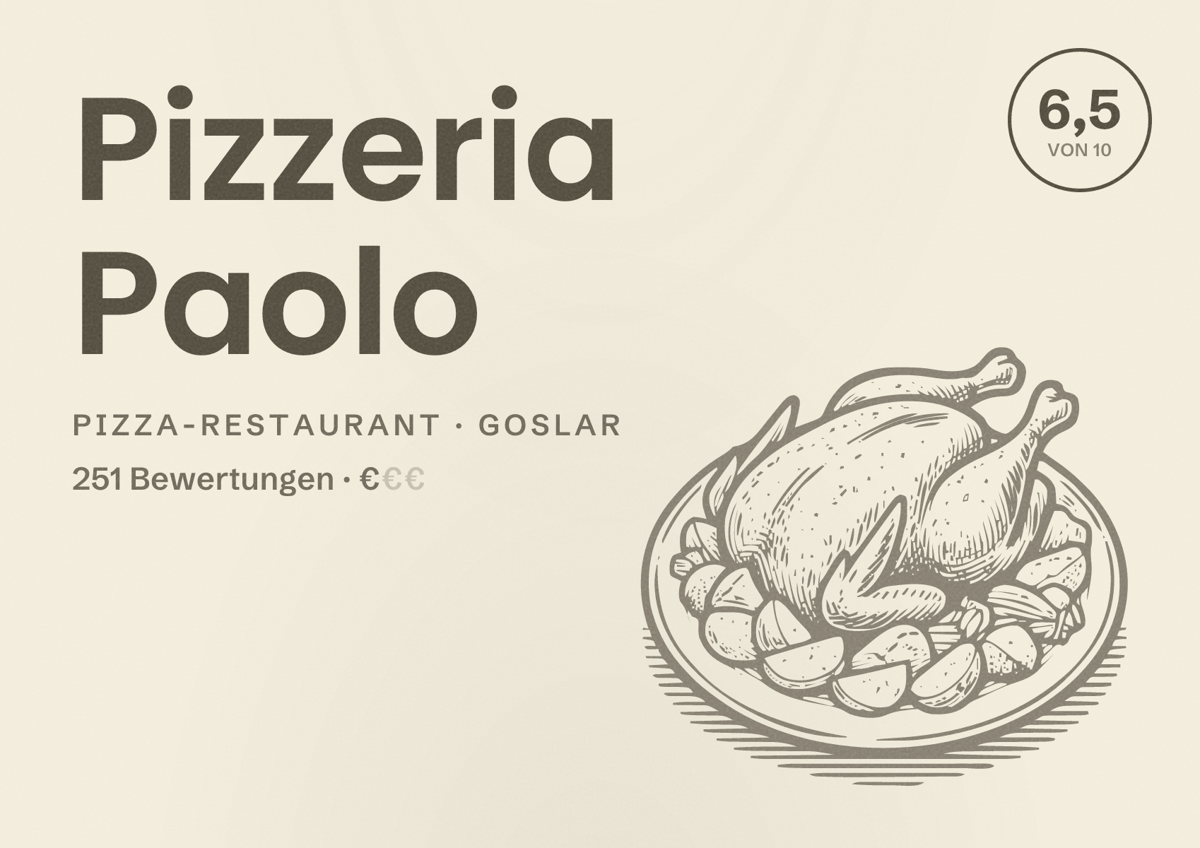Illustriertes Poster von Pizzeria Paolo, Pizza-Restaurant in Goslar: Bewertung 6,5 von 10 aus 251 Bewertungen, Preisniveau €