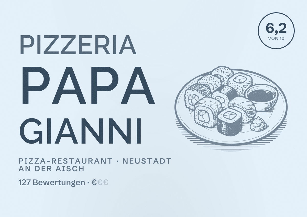 Illustriertes Poster von Pizzeria Papa Gianni, Pizza-Restaurant in Neustadt an der Aisch: Bewertung 6,2 von 10 aus 127 Bewertungen, Preisniveau €