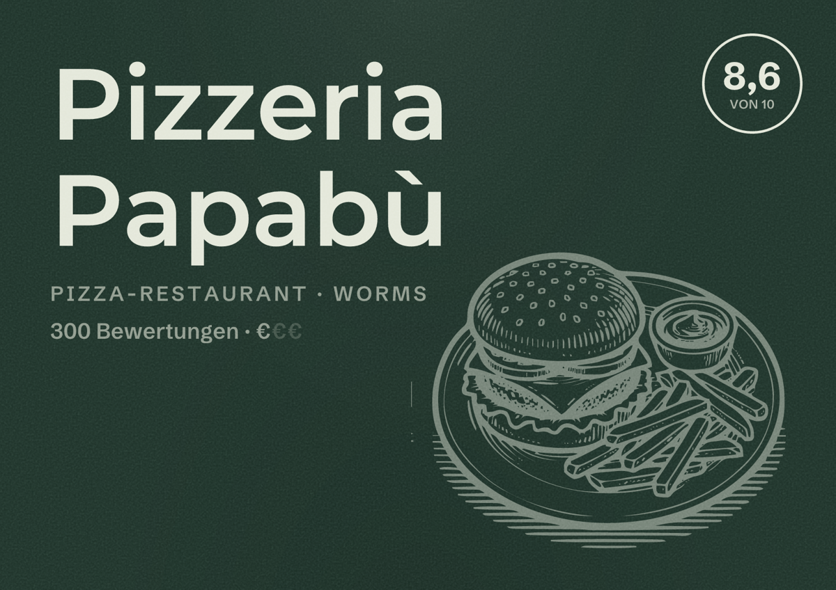 Illustriertes Poster von Pizzeria Papabù, Pizza-Restaurant in Worms: Bewertung 8,6 von 10 aus 300 Bewertungen, Preisniveau €