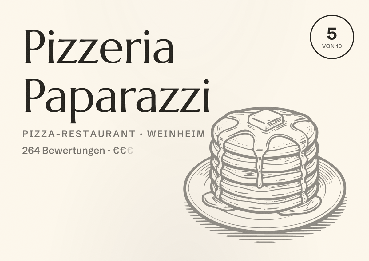 Illustriertes Poster von Pizzeria Paparazzi, Pizza-Restaurant in Weinheim: Bewertung 5 von 10 aus 264 Bewertungen, Preisniveau €€