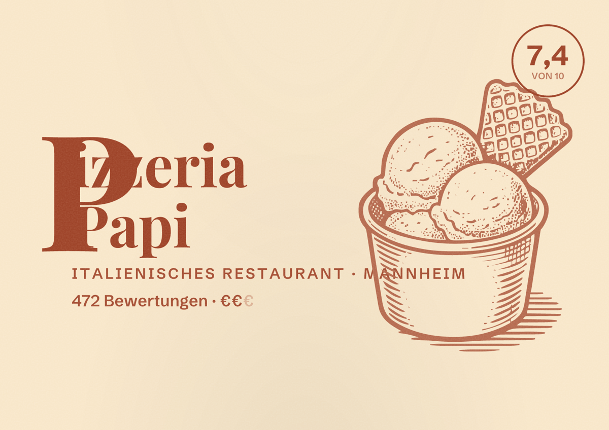 Illustriertes Poster von Pizzeria Papi, Italienisches Restaurant in Mannheim: Bewertung 7,4 von 10 aus 472 Bewertungen, Preisniveau €€