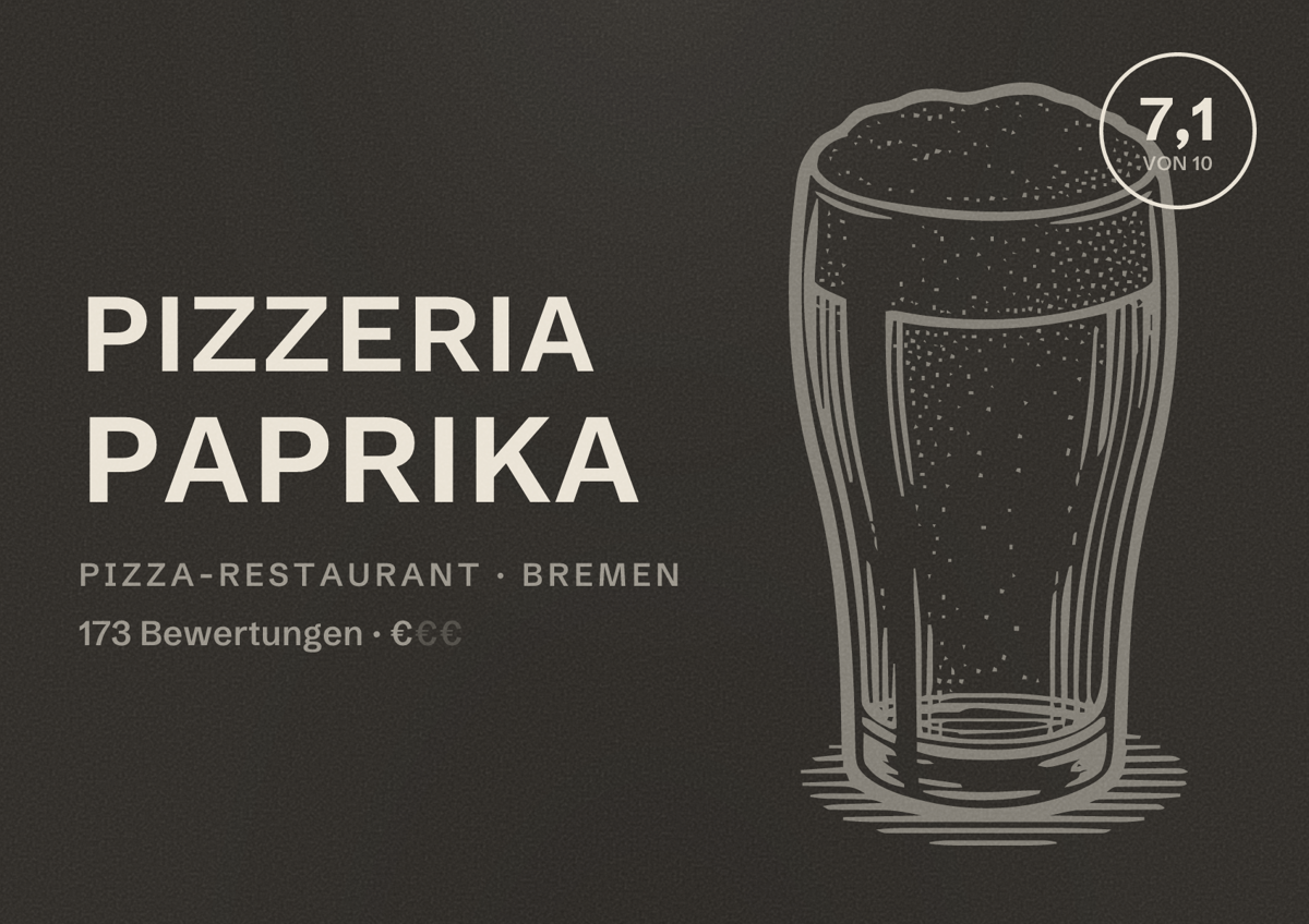 Illustriertes Poster von Pizzeria Paprika, Pizza-Restaurant in Bremen: Bewertung 7,1 von 10 aus 173 Bewertungen, Preisniveau €