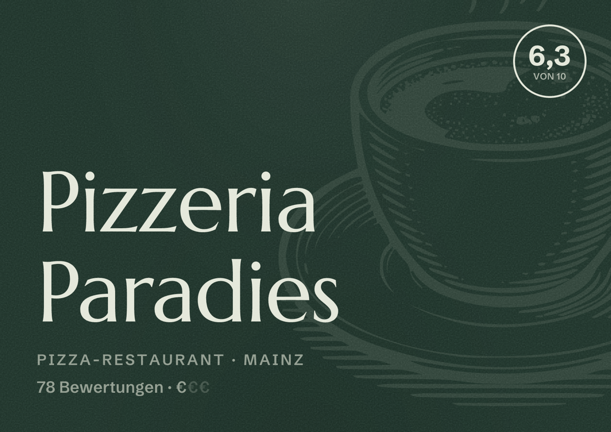 Illustriertes Poster von Pizzeria Paradies, Pizza-Restaurant in Mainz: Bewertung 6,3 von 10 aus 78 Bewertungen, Preisniveau €