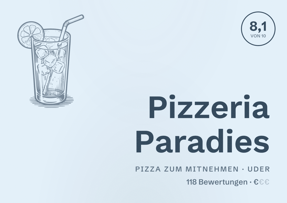 Illustriertes Poster von Pizzeria Paradies, Pizza zum Mitnehmen in Uder: Bewertung 8,1 von 10 aus 118 Bewertungen, Preisniveau €