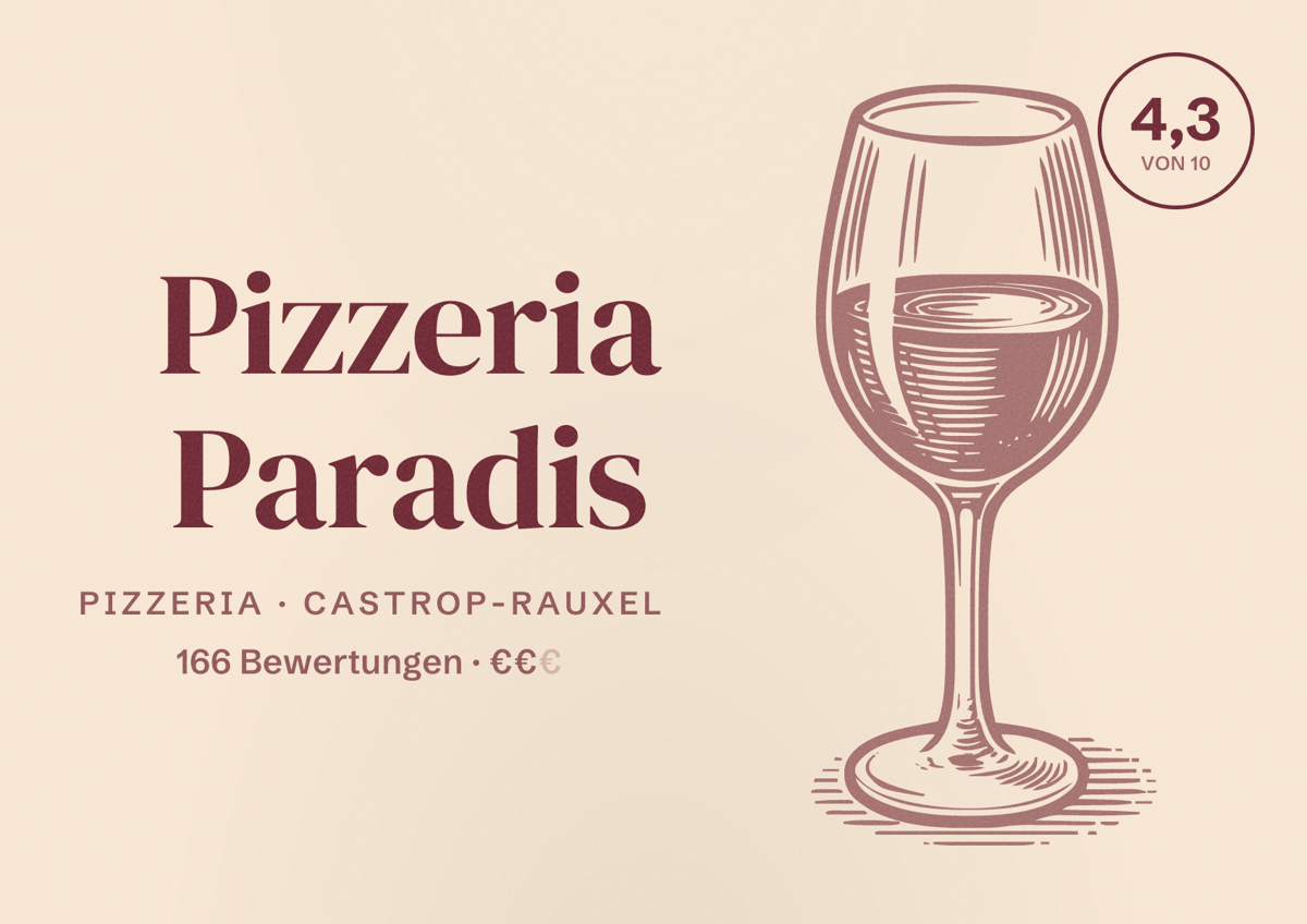 Illustriertes Poster von Pizzeria Paradis, Pizzeria in Castrop-Rauxel: Bewertung 4,3 von 10 aus 166 Bewertungen, Preisniveau €€