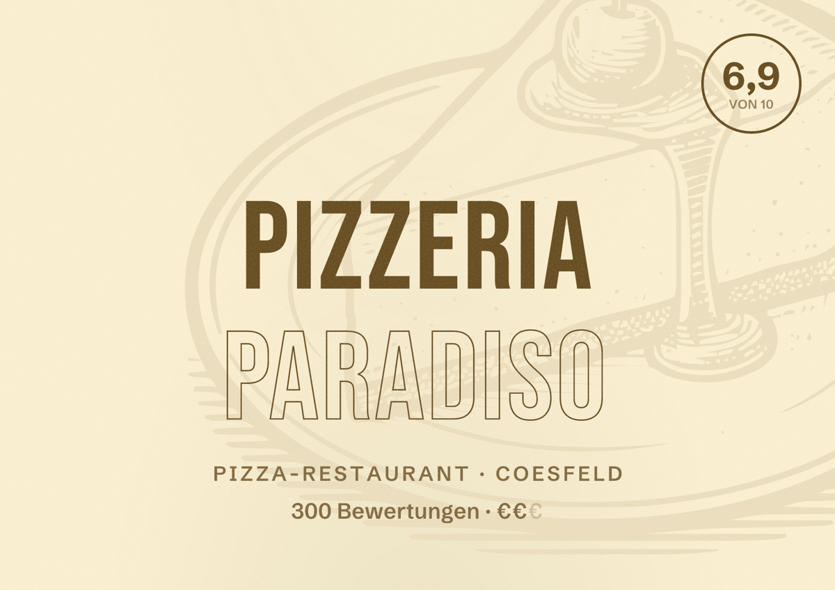 Illustriertes Poster von Pizzeria Paradiso, Pizza-Restaurant in Coesfeld: Bewertung 6,9 von 10 aus 300 Bewertungen, Preisniveau €€