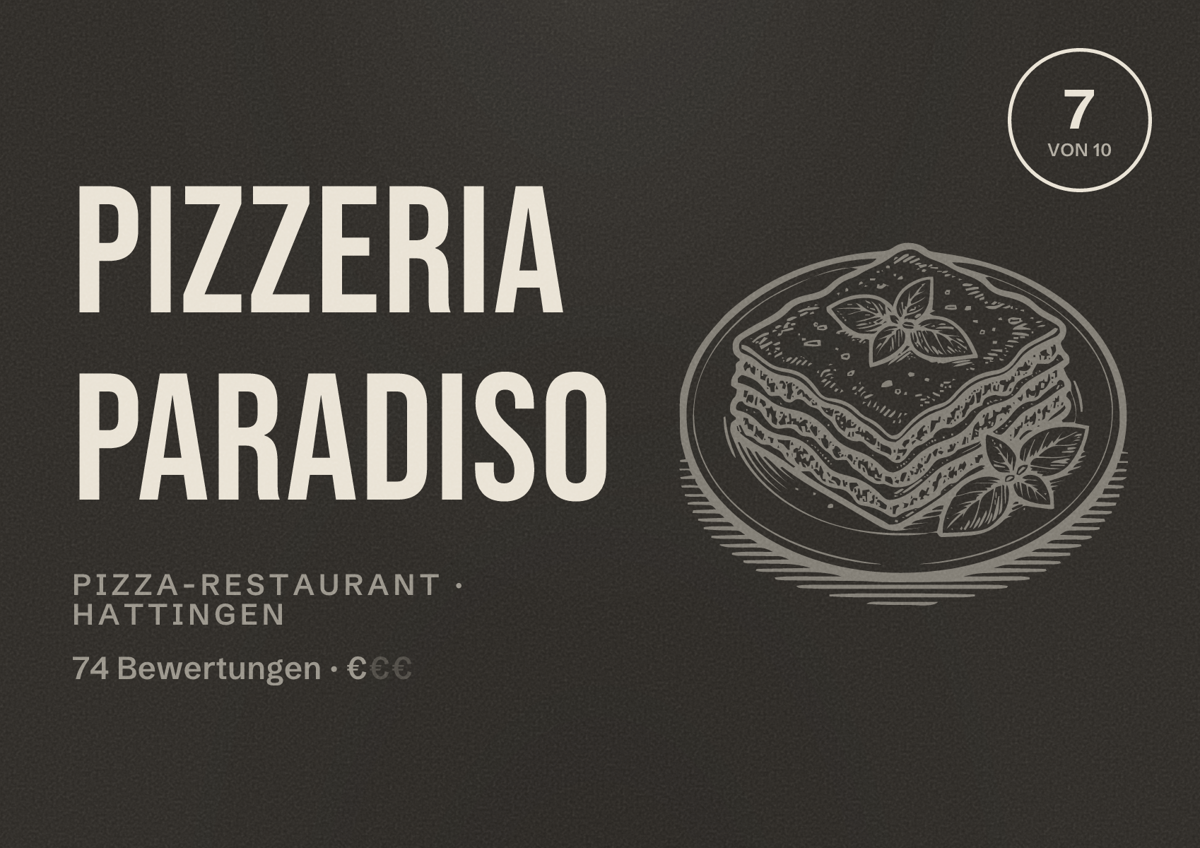 Illustriertes Poster von Pizzeria Paradiso, Pizza-Restaurant in Hattingen: Bewertung 7 von 10 aus 74 Bewertungen, Preisniveau €