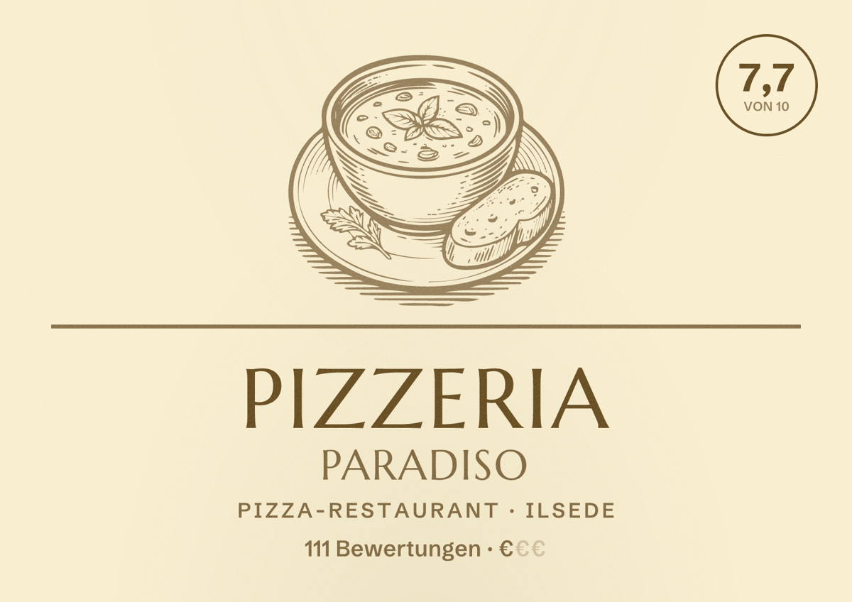 Illustriertes Poster von Pizzeria Paradiso, Pizza-Restaurant in Ilsede: Bewertung 7,7 von 10 aus 111 Bewertungen, Preisniveau €