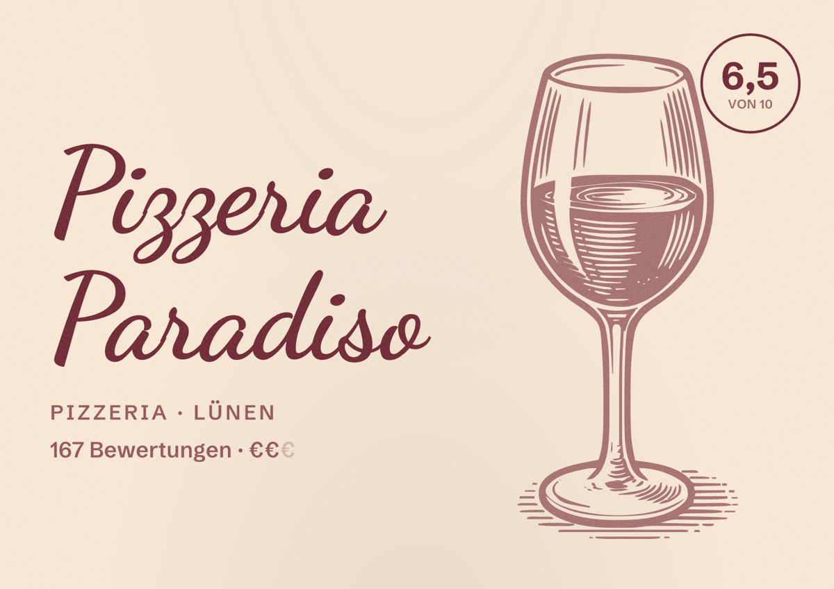 Illustriertes Poster von Pizzeria Paradiso, Pizzeria in Lünen: Bewertung 6,5 von 10 aus 167 Bewertungen, Preisniveau €€