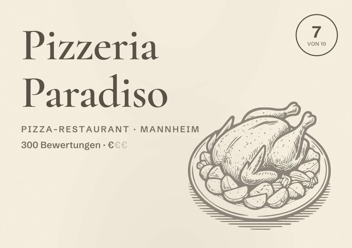 Illustriertes Poster von Pizzeria Paradiso, Pizza-Restaurant in Mannheim: Bewertung 7 von 10 aus 300 Bewertungen, Preisniveau €