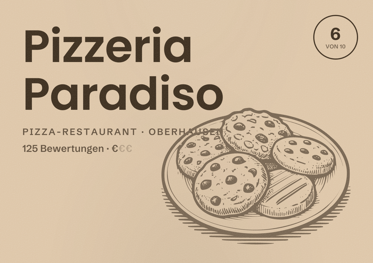 Illustriertes Poster von Pizzeria Paradiso, Pizza-Restaurant in Oberhausen: Bewertung 6 von 10 aus 125 Bewertungen, Preisniveau €