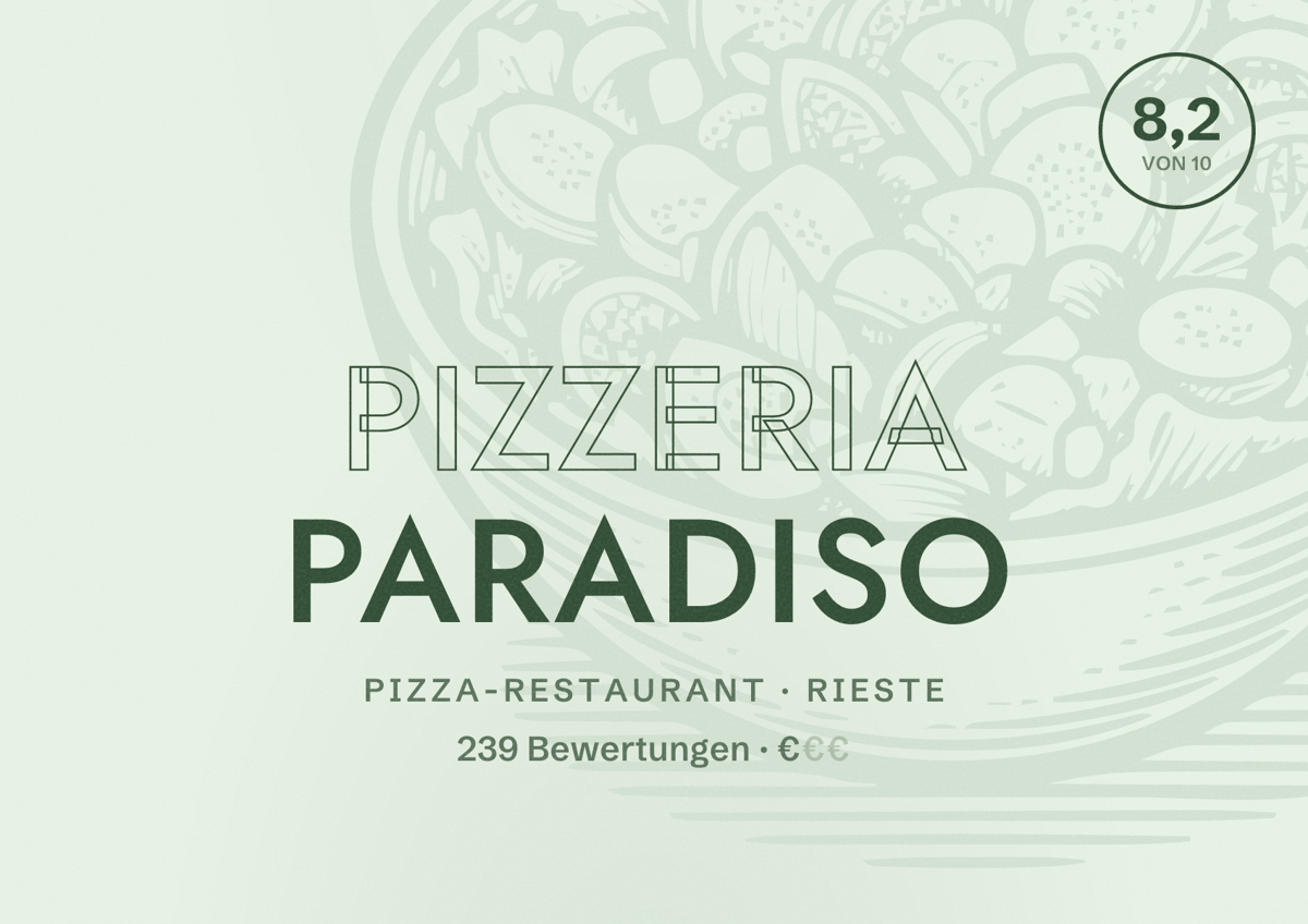 Illustriertes Poster von Pizzeria Paradiso, Pizza-Restaurant in Rieste: Bewertung 8,2 von 10 aus 239 Bewertungen, Preisniveau €