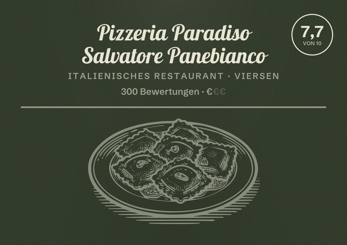 Illustriertes Poster von Pizzeria Paradiso Salvatore Panebianco, Italienisches Restaurant in Viersen: Bewertung 7,7 von 10 aus 300 Bewertungen, Preisniveau €