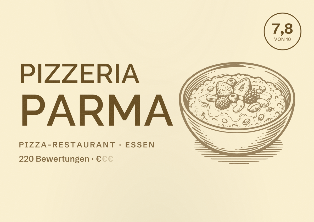 Illustriertes Poster von Pizzeria Parma, Pizza-Restaurant in Essen: Bewertung 7,8 von 10 aus 220 Bewertungen, Preisniveau €
