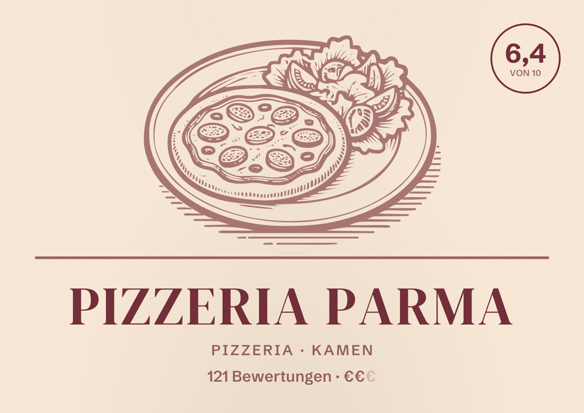 Illustriertes Poster von Pizzeria Parma, Pizzeria in Kamen: Bewertung 6,4 von 10 aus 121 Bewertungen, Preisniveau €€