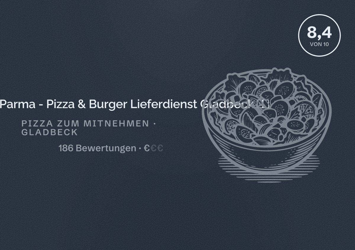 Illustriertes Poster von Pizzeria Parma - Pizza & Burger Lieferdienst Gladbeck 🍕🍔, Pizza zum Mitnehmen in Gladbeck: Bewertung 8,4 von 10 aus 186 Bewertungen, Preisniveau €