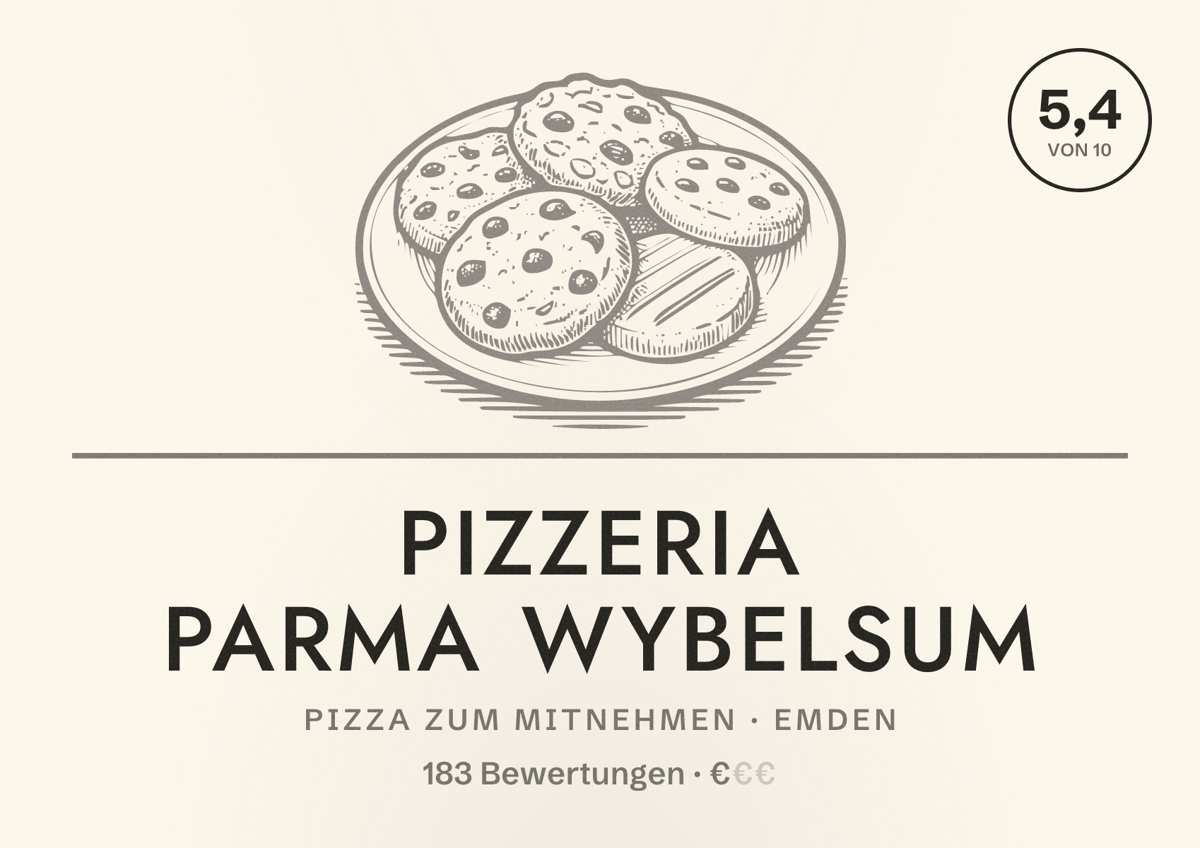 Illustriertes Poster von Pizzeria Parma Wybelsum, Pizza zum Mitnehmen in Emden: Bewertung 5,4 von 10 aus 183 Bewertungen, Preisniveau €