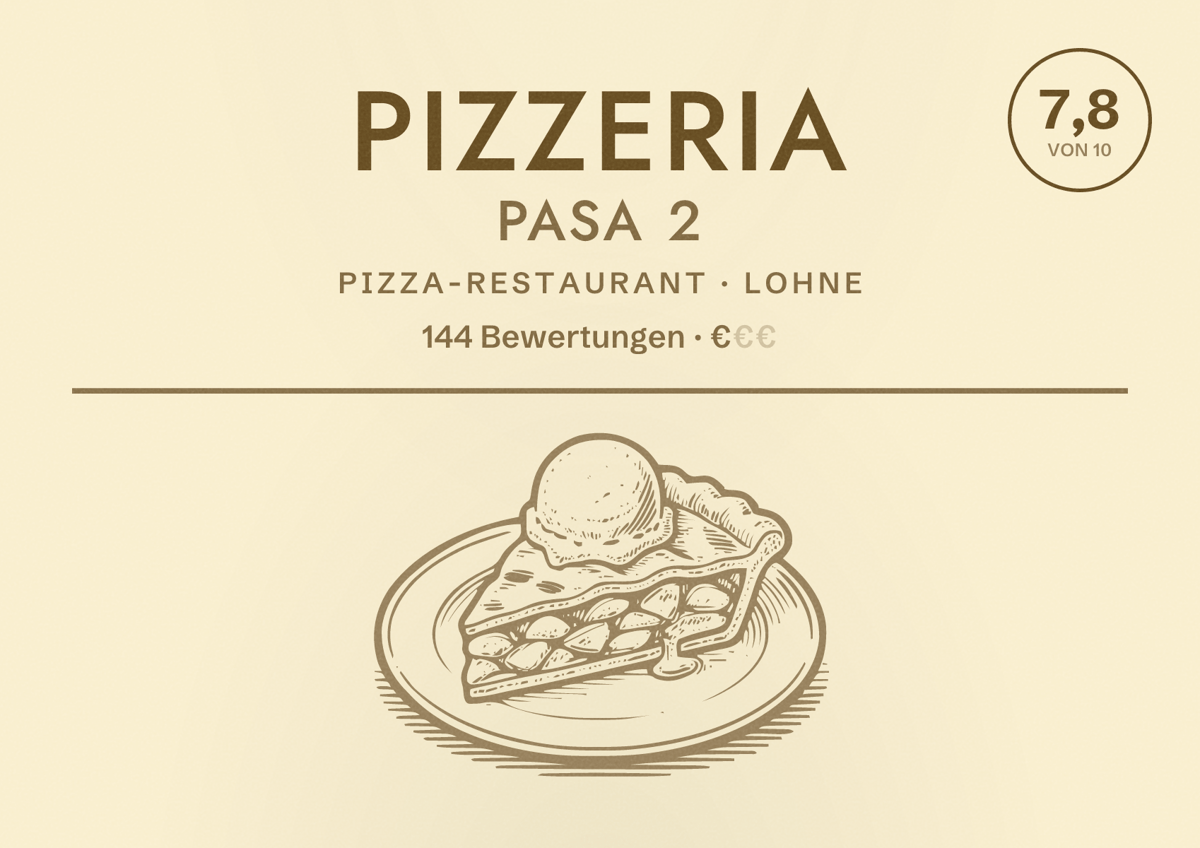 Illustriertes Poster von Pizzeria Pasa 2, Pizza-Restaurant in Lohne: Bewertung 7,8 von 10 aus 144 Bewertungen, Preisniveau €