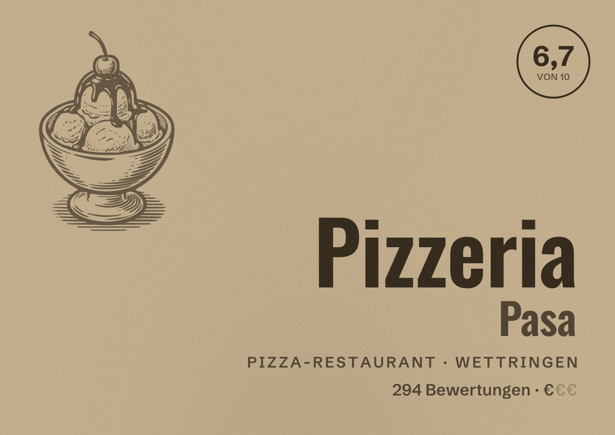 Illustriertes Poster von Pizzeria Pasa, Pizza-Restaurant in Wettringen: Bewertung 6,7 von 10 aus 294 Bewertungen, Preisniveau €