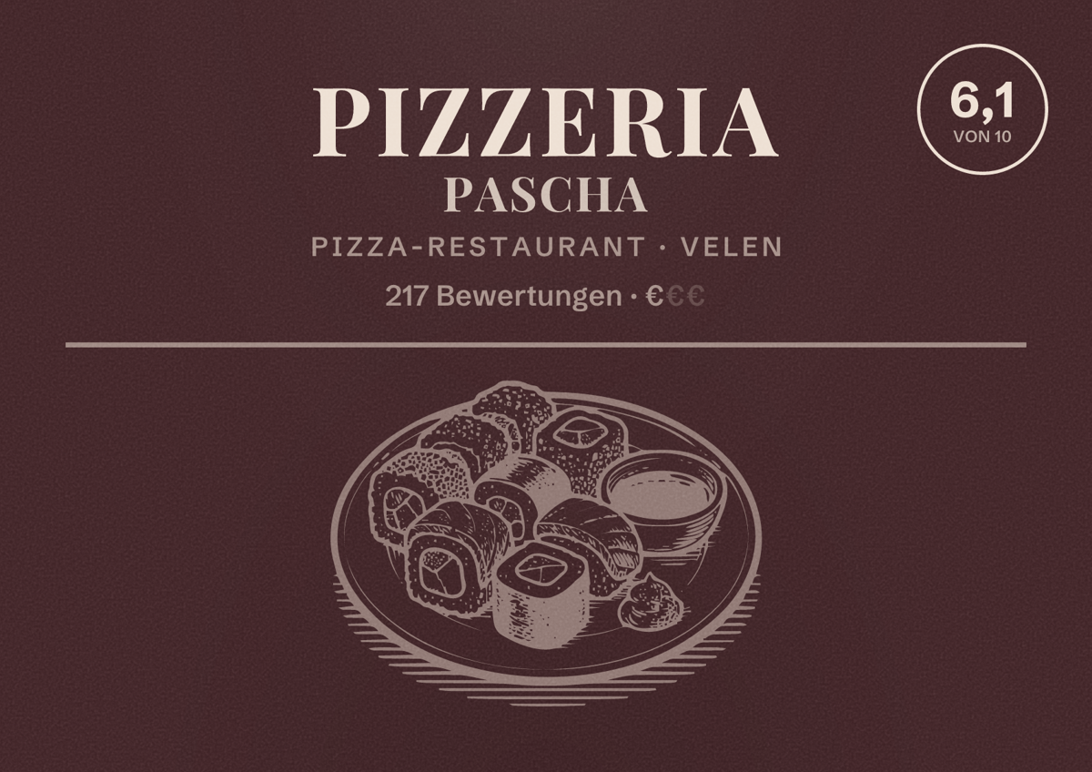 Illustriertes Poster von Pizzeria Pascha, Pizza-Restaurant in Velen: Bewertung 6,1 von 10 aus 217 Bewertungen, Preisniveau €