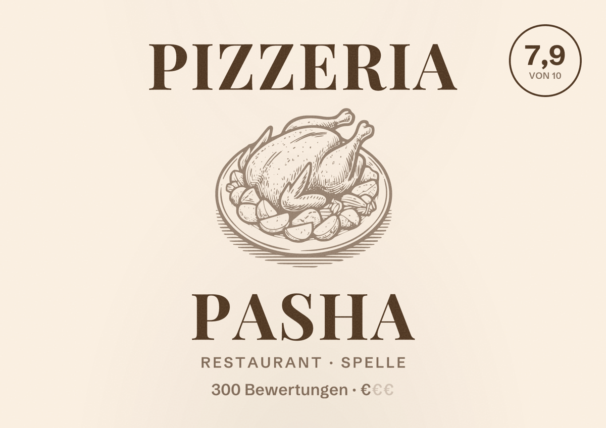 Illustriertes Poster von Pizzeria Pasha, Restaurant in Spelle: Bewertung 7,9 von 10 aus 300 Bewertungen, Preisniveau €