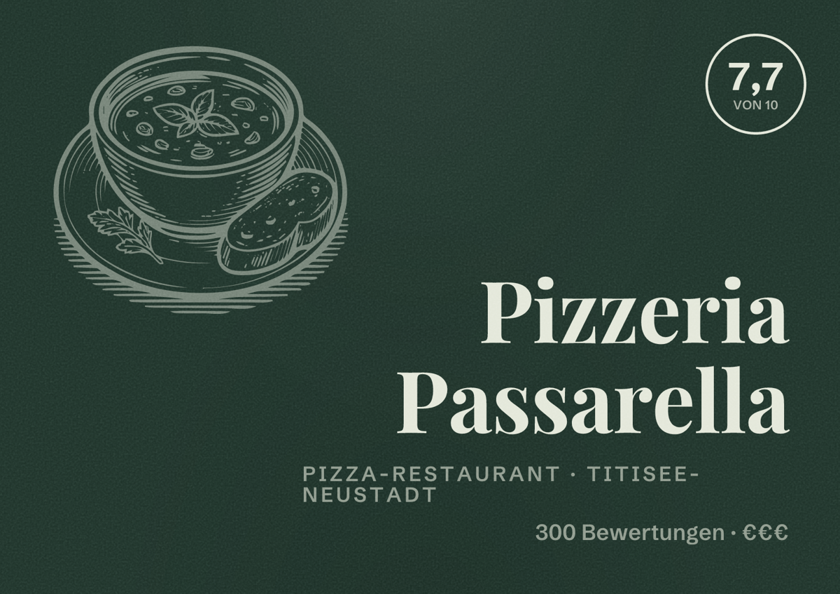 Illustriertes Poster von Pizzeria Passarella, Pizza-Restaurant in Titisee-Neustadt: Bewertung 7,7 von 10 aus 300 Bewertungen, Preisniveau €€€