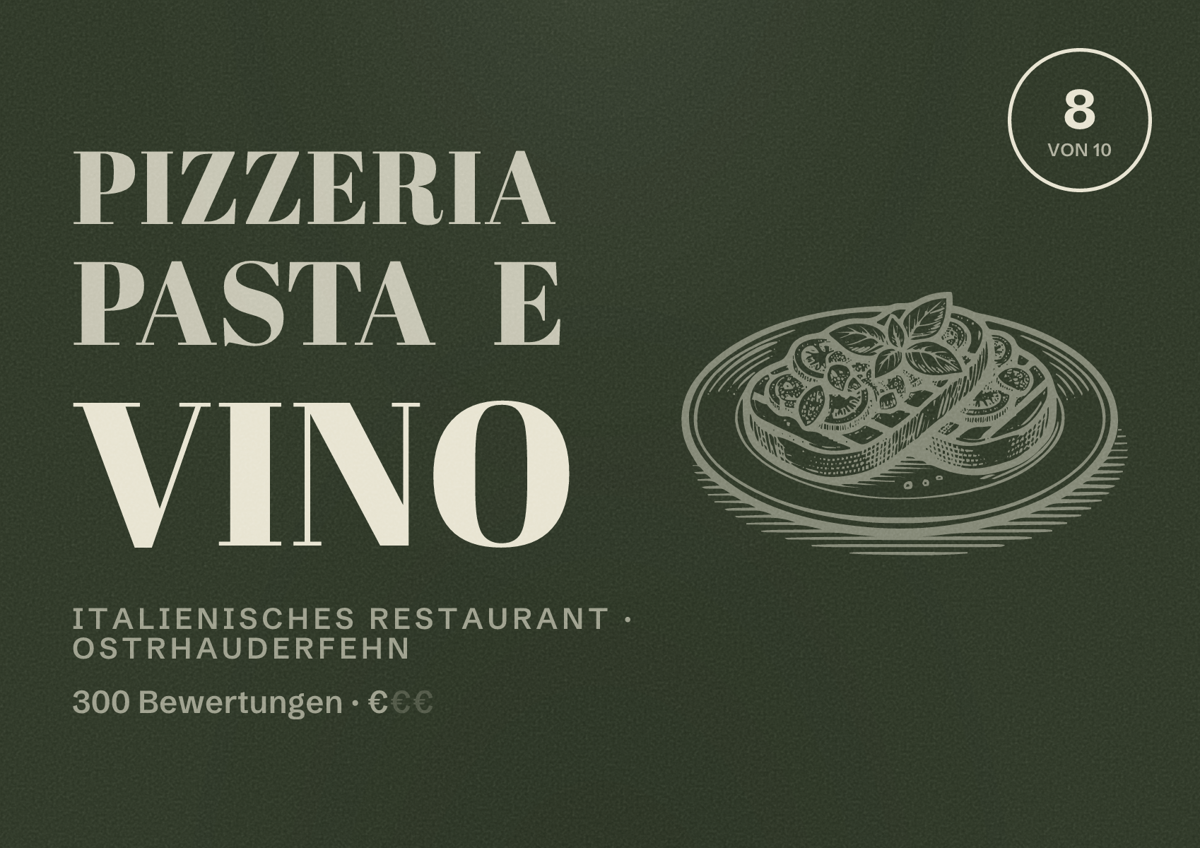 Illustriertes Poster von Pizzeria Pasta e Vino, Italienisches Restaurant in Ostrhauderfehn: Bewertung 8 von 10 aus 300 Bewertungen, Preisniveau €