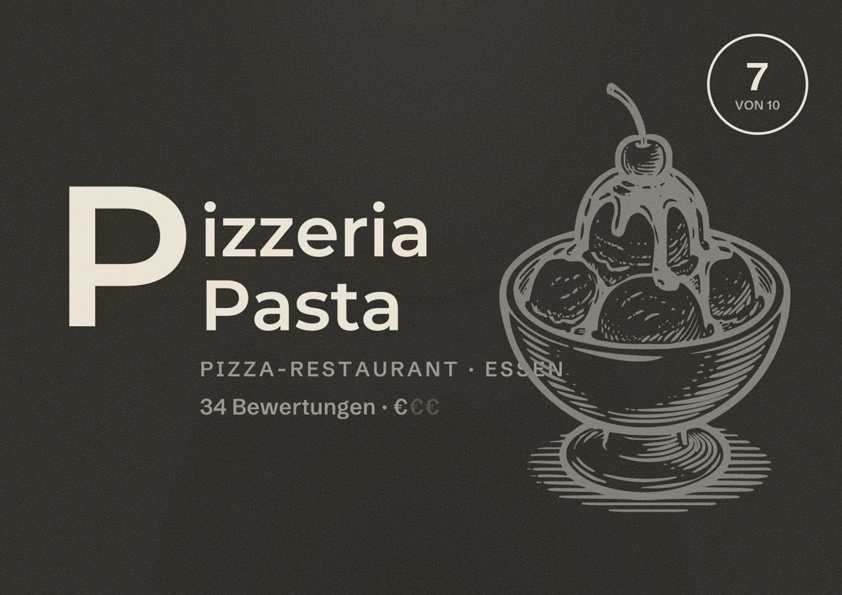 Illustriertes Poster von Pizzeria Pasta, Pizza-Restaurant in Essen: Bewertung 7 von 10 aus 34 Bewertungen, Preisniveau €
