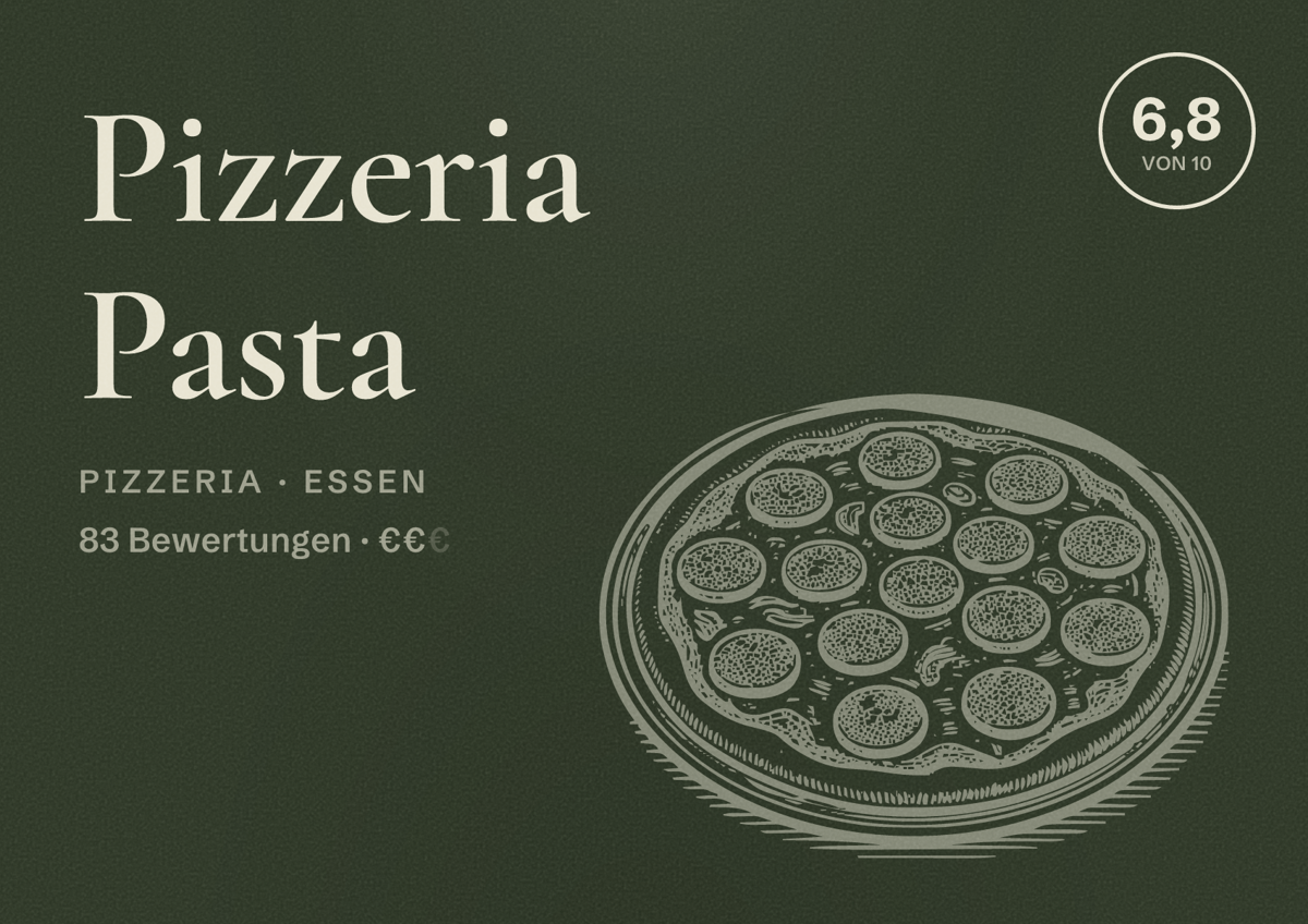 Illustriertes Poster von Pizzeria Pasta, Pizzeria in Essen: Bewertung 6,8 von 10 aus 83 Bewertungen, Preisniveau €€