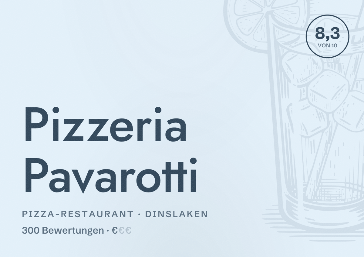 Illustriertes Poster von Pizzeria Pavarotti, Pizza-Restaurant in Dinslaken: Bewertung 8,3 von 10 aus 300 Bewertungen, Preisniveau €
