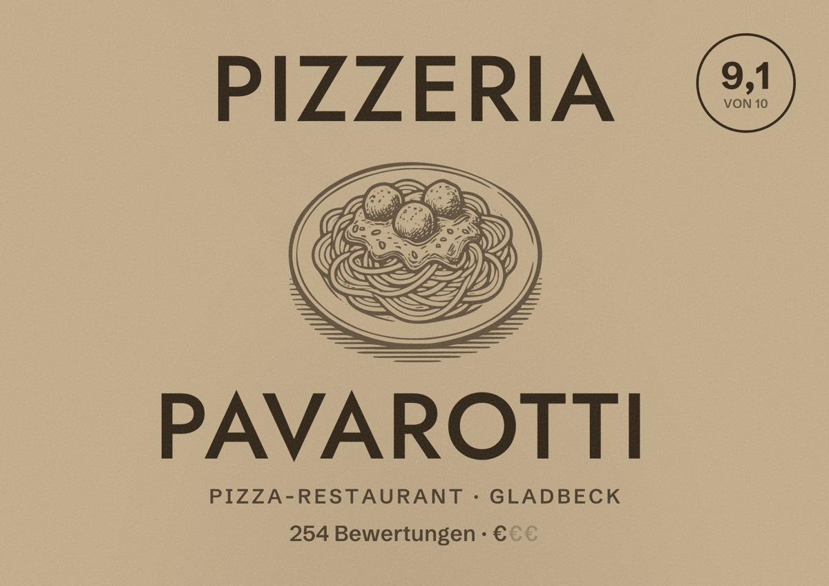 Illustriertes Poster von Pizzeria Pavarotti, Pizza-Restaurant in Gladbeck: Bewertung 9,1 von 10 aus 254 Bewertungen, Preisniveau €