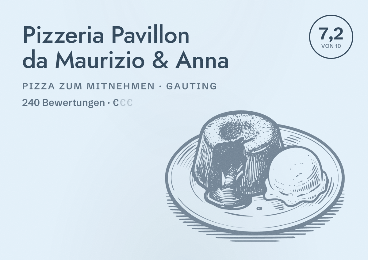 Illustriertes Poster von Pizzeria Pavillon da Maurizio & Anna, Pizza zum Mitnehmen in Gauting: Bewertung 7,2 von 10 aus 240 Bewertungen, Preisniveau €