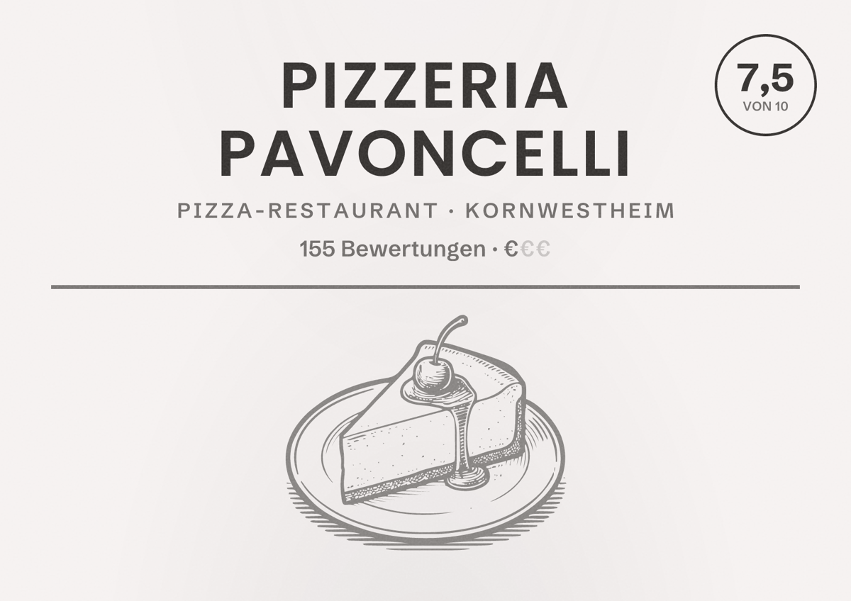 Illustriertes Poster von Pizzeria Pavoncelli, Pizza-Restaurant in Kornwestheim: Bewertung 7,5 von 10 aus 155 Bewertungen, Preisniveau €
