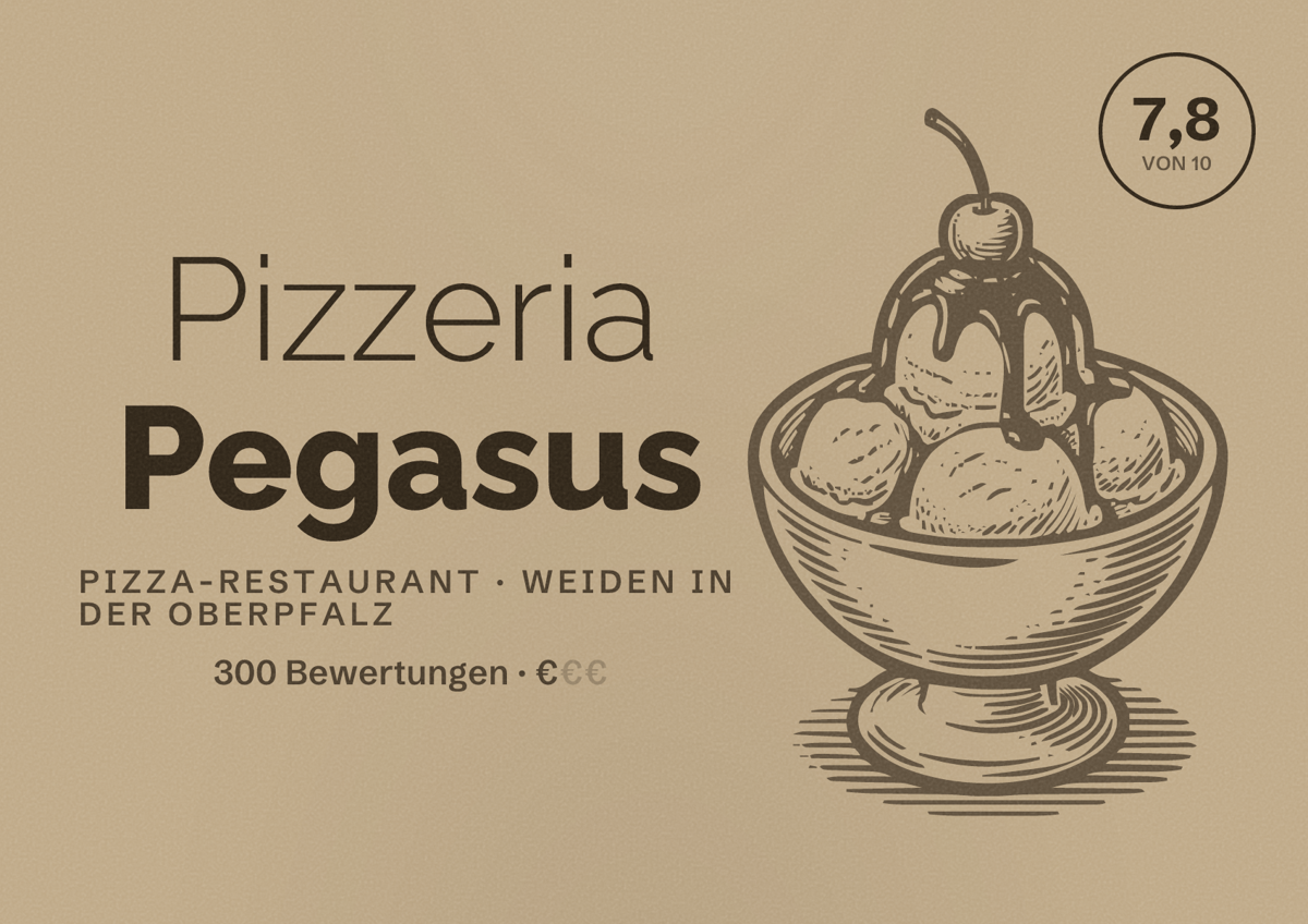Illustriertes Poster von Pizzeria Pegasus, Pizza-Restaurant in Weiden in der Oberpfalz: Bewertung 7,8 von 10 aus 300 Bewertungen, Preisniveau €