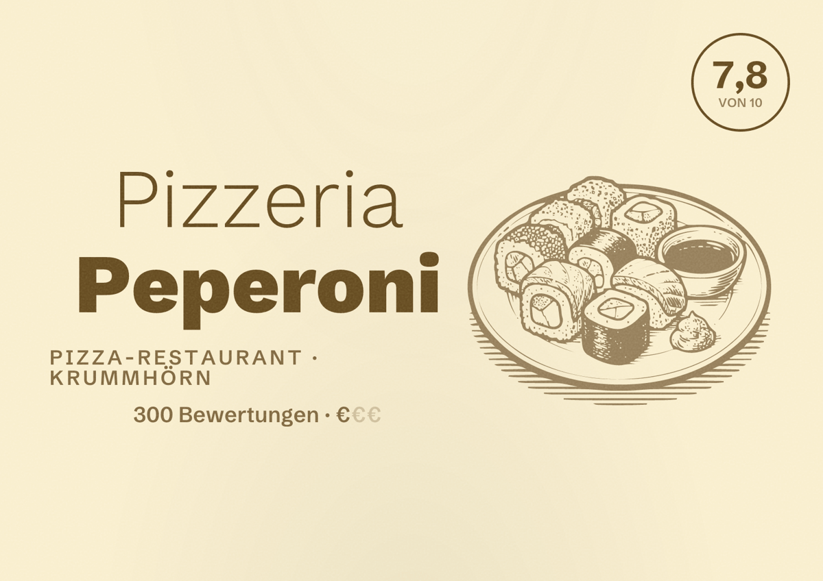 Illustriertes Poster von Pizzeria Peperoni, Pizza-Restaurant in Krummhörn: Bewertung 7,8 von 10 aus 300 Bewertungen, Preisniveau €