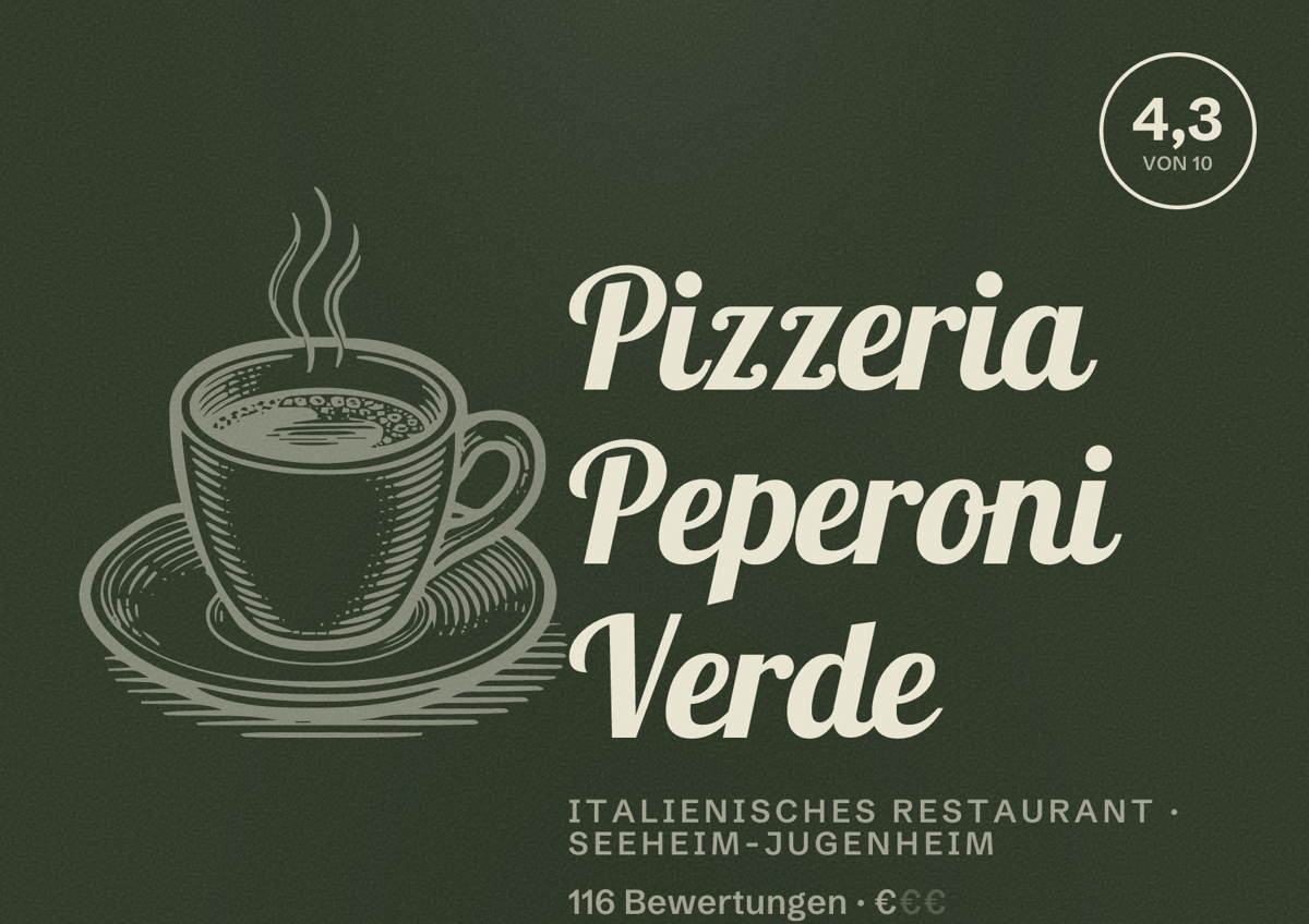 Illustriertes Poster von Pizzeria Peperoni Verde, Italienisches Restaurant in Seeheim-Jugenheim: Bewertung 4,3 von 10 aus 116 Bewertungen, Preisniveau €