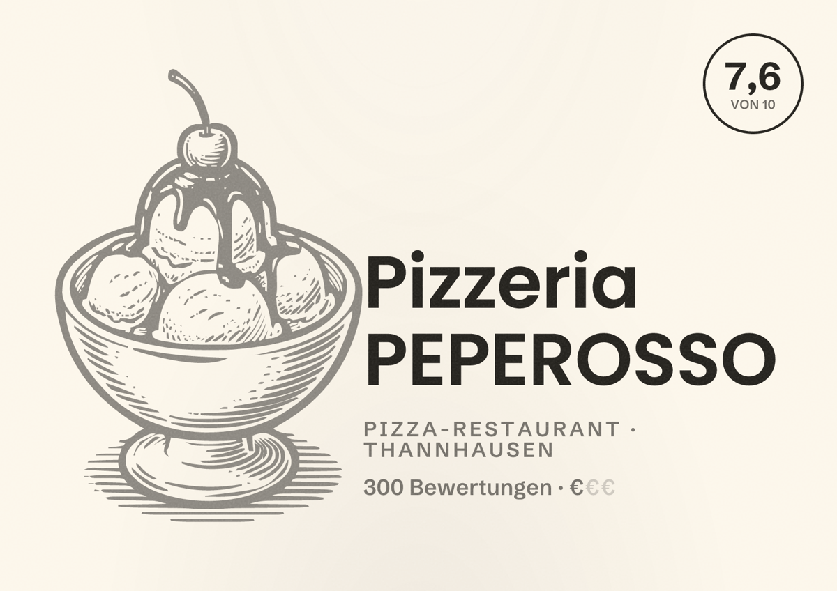 Illustriertes Poster von Pizzeria PEPEROSSO, Pizza-Restaurant in Thannhausen: Bewertung 7,6 von 10 aus 300 Bewertungen, Preisniveau €
