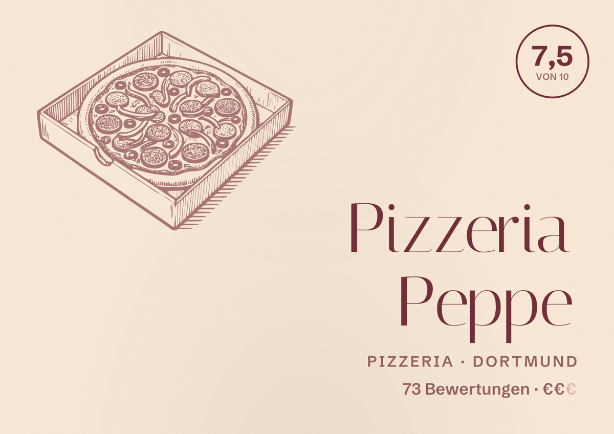 Illustriertes Poster von Pizzeria Peppe, Pizzeria in Dortmund: Bewertung 7,5 von 10 aus 73 Bewertungen, Preisniveau €€